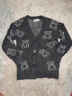 No Boundaries Charcoal and Cream Bear-Print Button Cardigan